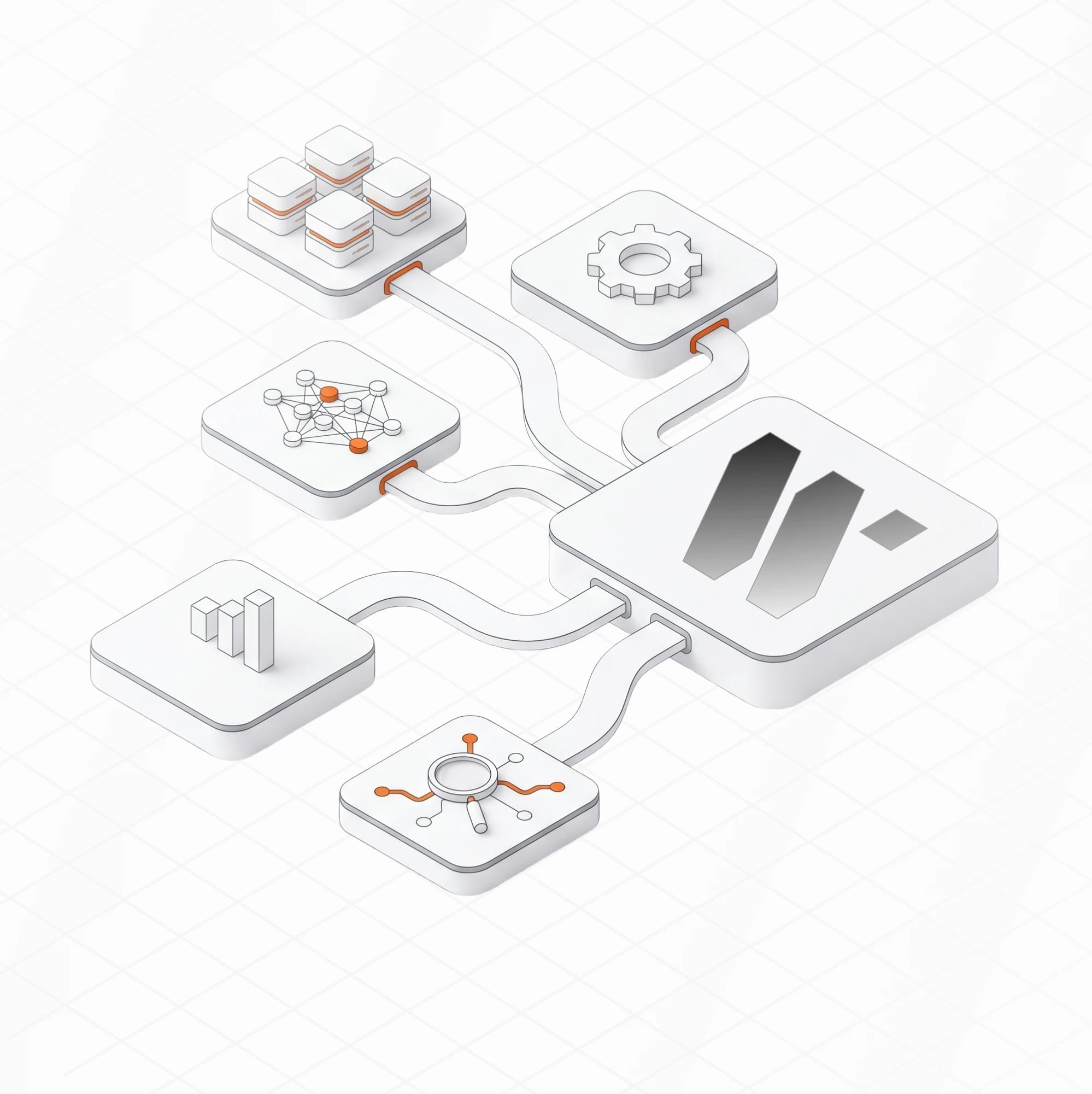 Isometric illustration of integration partners across big data, AI, marketing, search, channels, and ERP feeding data into the StoreFrame HUB