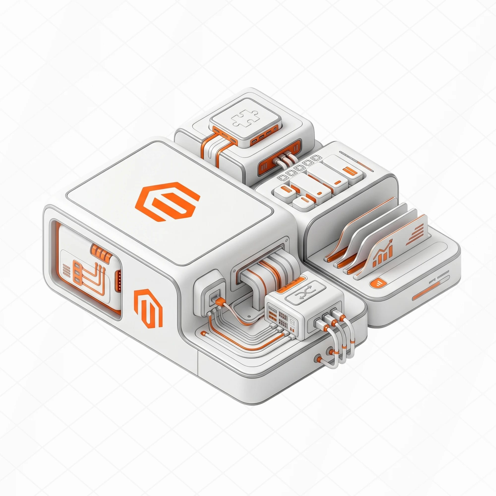 Isometric illustration of a Magento module connected to circuitry and code components, representing custom development work