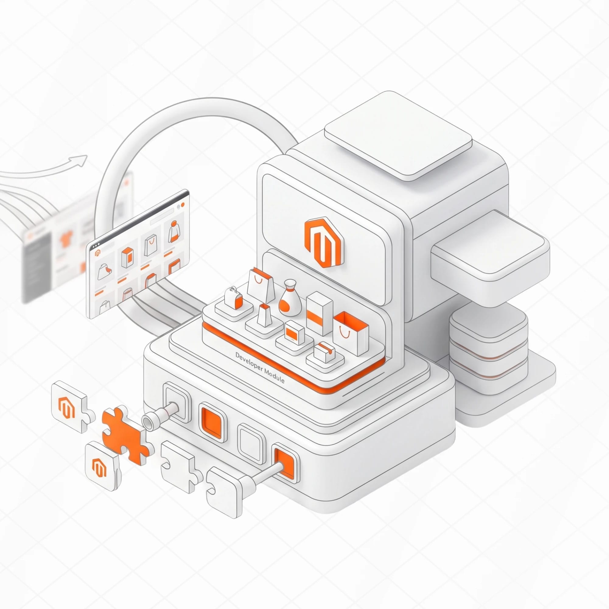 Isometric illustration of a Magento store being migrated, with data, extensions, and theme components moving into a new environment