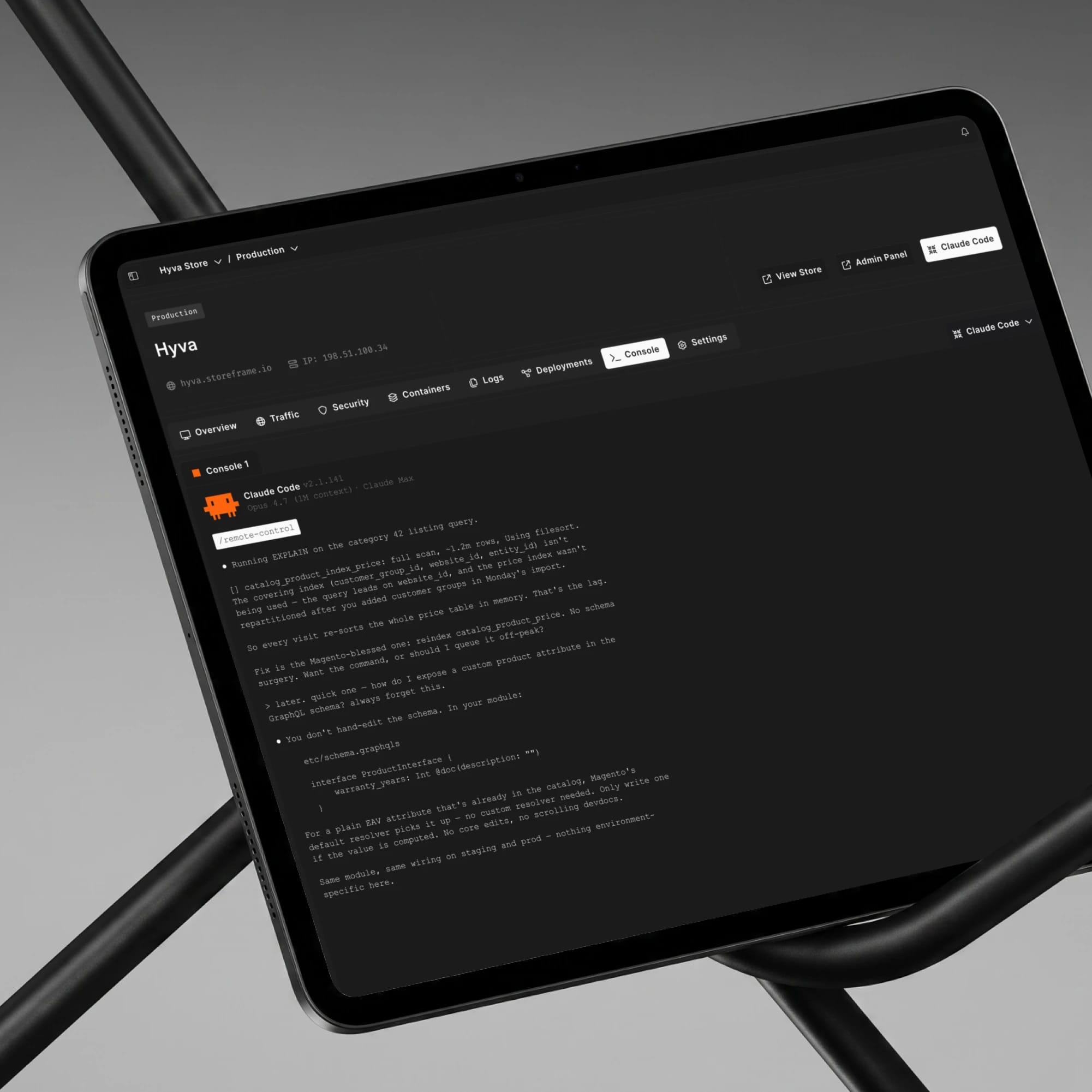 Storeframe Hub dashboard and Claude Code shell on a tablet, showing a Magento environment overview and live AI console