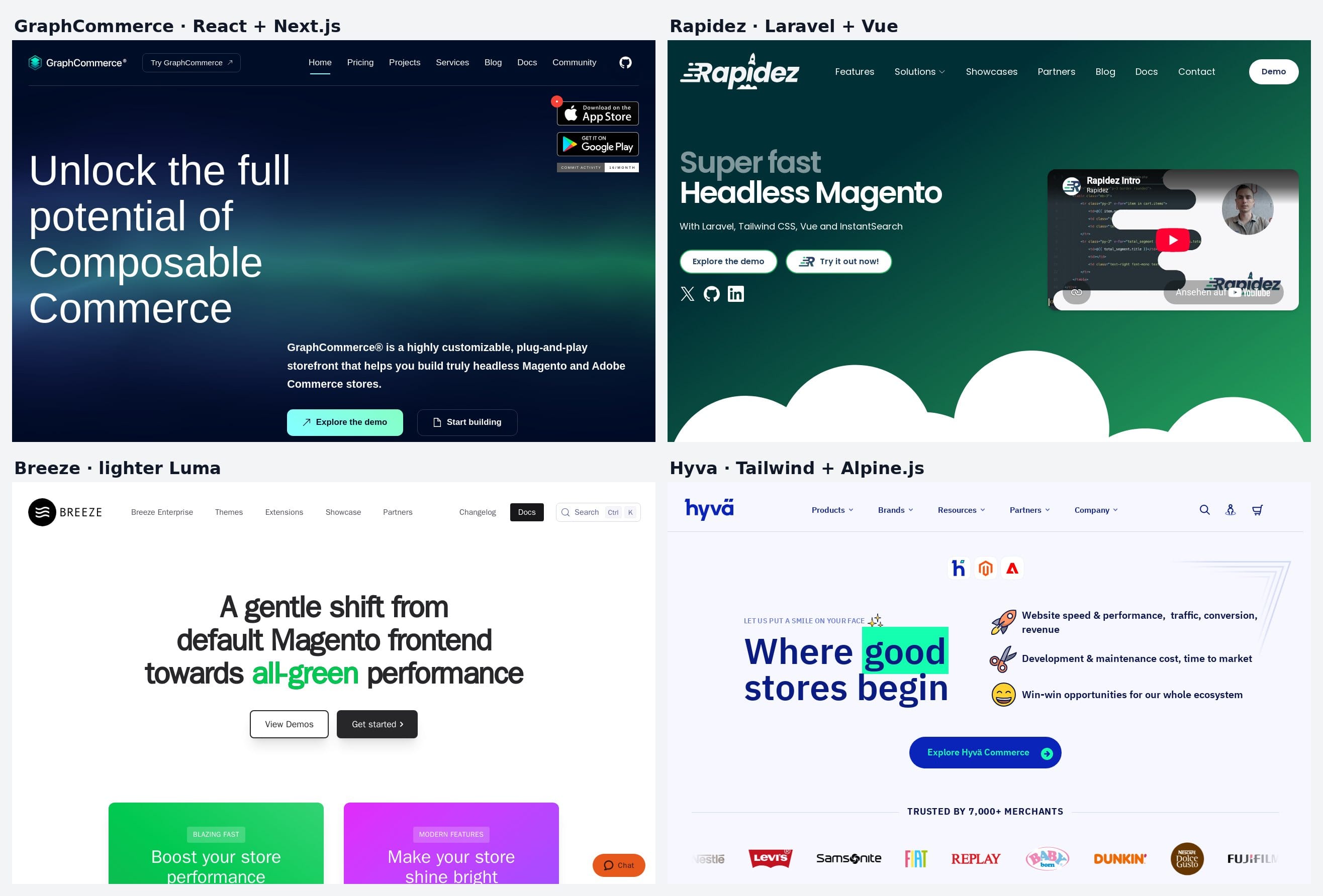 Homepages of four Magento frontend alternatives: GraphCommerce, Rapidez, Breeze and Hyva