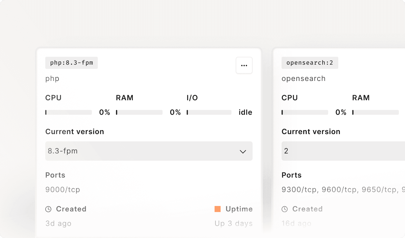 Container stat cards for php-fpm and OpenSearch, sized automatically to the server