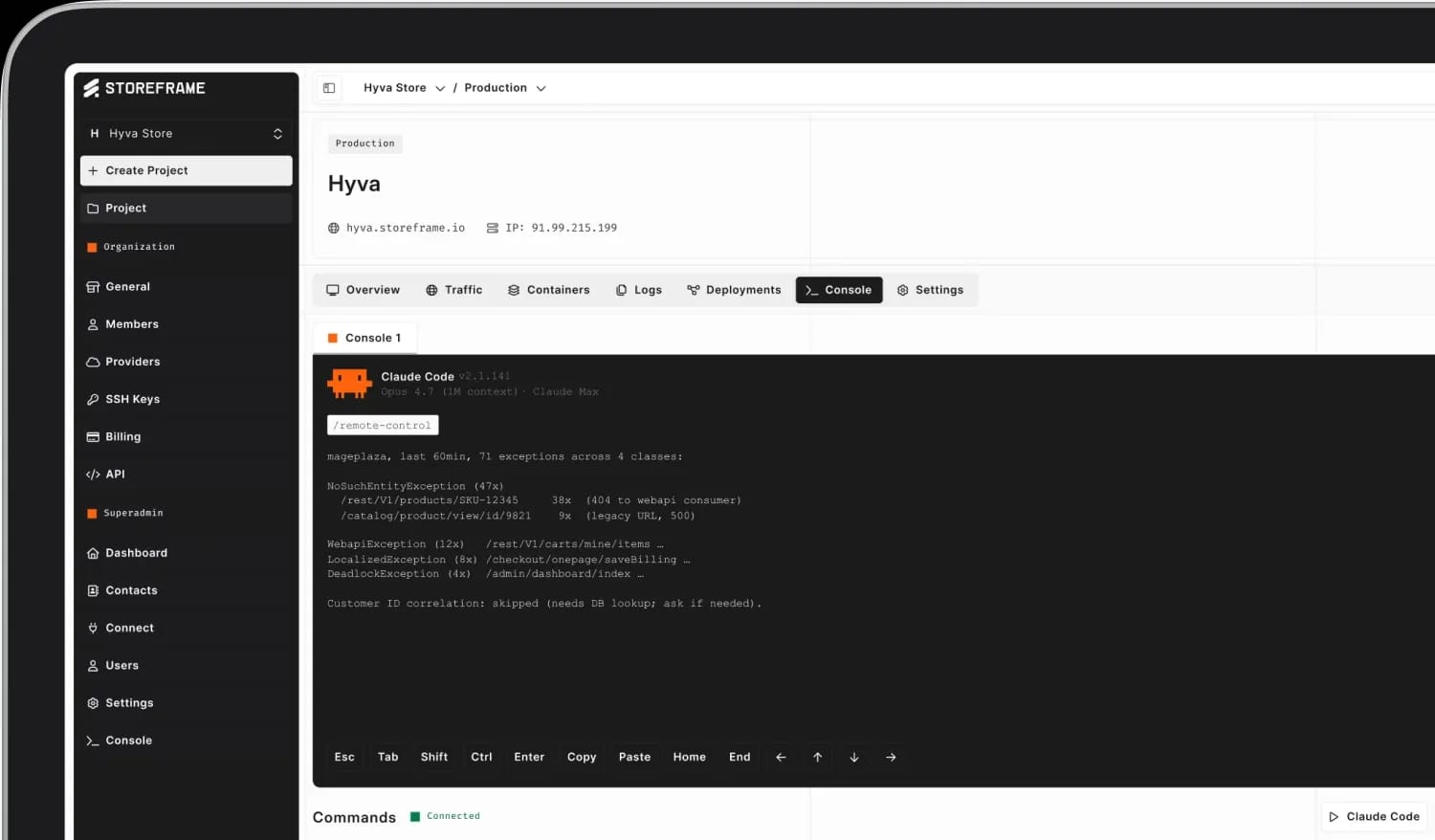 The StoreFrame dashboard with a browser-based Claude Code console open on a live production Magento store.