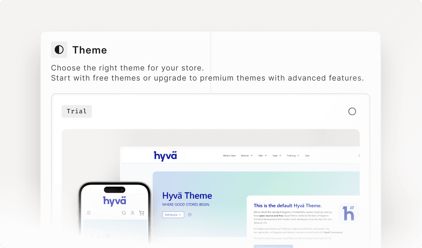 Choosing the Hyvä storefront theme with desktop and mobile previews